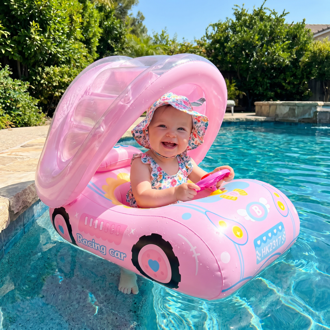 Aufblasbarer Baby Schwimmring in Autoform mit UV-Sonnenschutz, ideal für Kinder im Sommer.