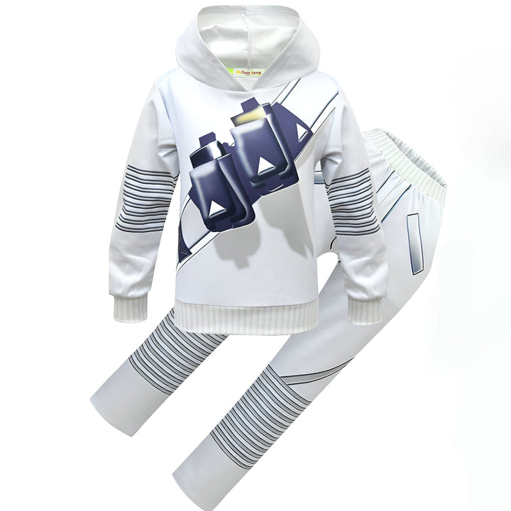 Rückenansicht des Unisex DJ Kostüm-Sets mit Hoodie, Hose und leuchtendem LED-Helm für Events.