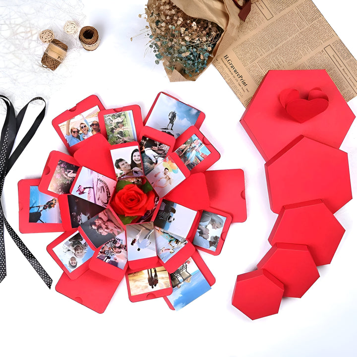 Explosionsbox für persönliche Fotos, ideal als Geschenk zum Geburtstag oder Jahrestag, rot-schwarz.
