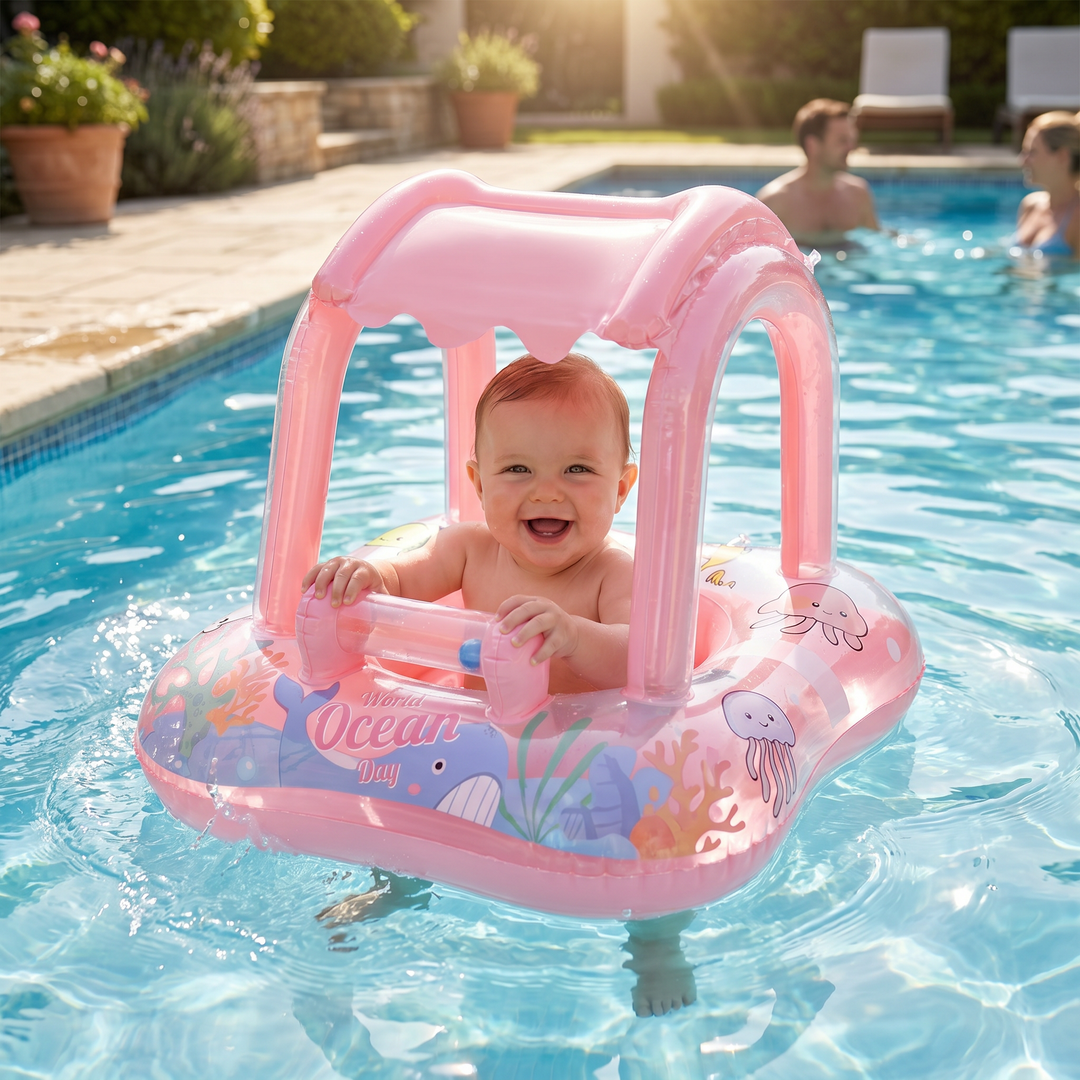 Aufblasbarer Baby Schwimmring mit Sonnendach, Ozean-Motiv für sicheres Babyschwimmen im Sommer.