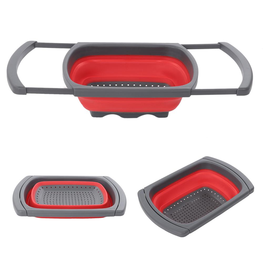 Rotes Silikon-Sieb, ausziehbar, perfekt als Gemüsesieb oder Nudelsieb zum einfachen Abgießen von Speisen.