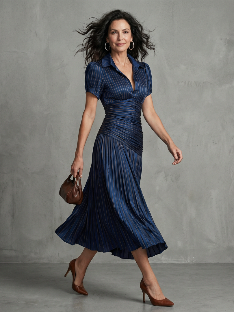 Plissiertes Damen-Midikleid mit eleganten Taillenstreifen, ideal für festliche Anlässe.