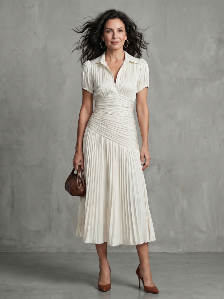Feminines plissiertes Damenkleid, Midilänge, mit elegantem Taillenstreifen und Kurzarm.