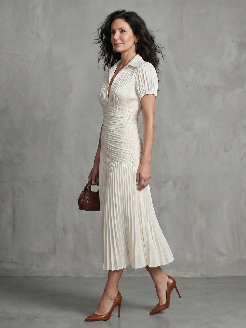 Plissiertes Damen-Midikleid in moderner Ausführung, mit Taillenstreifen-Detail.