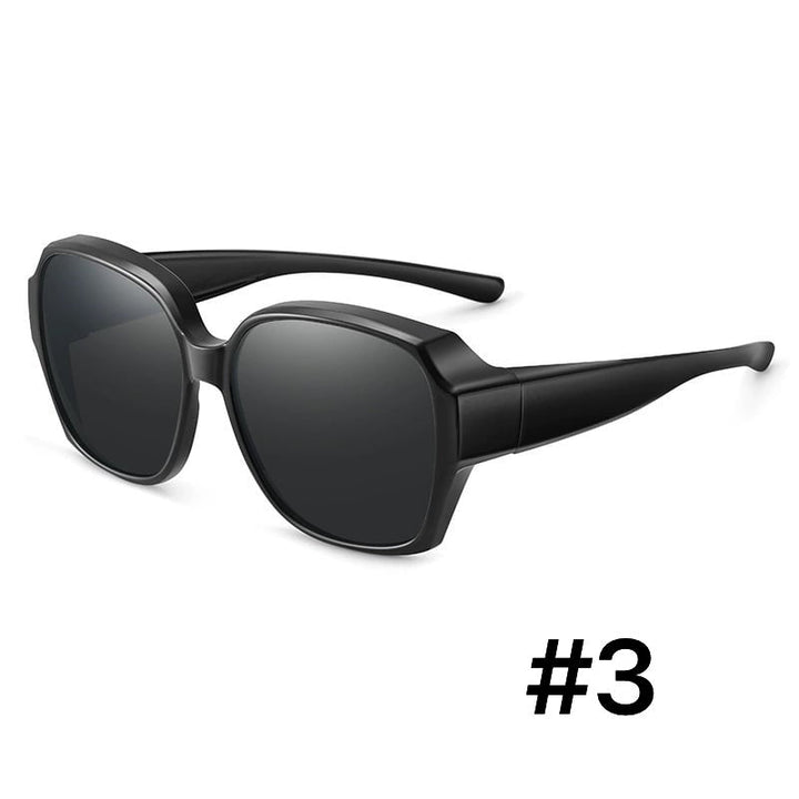Elegante polarisierte OptiShade Überbrille im Seitenprofil. Modernes Design, UV-Schutz für Brillenträger.