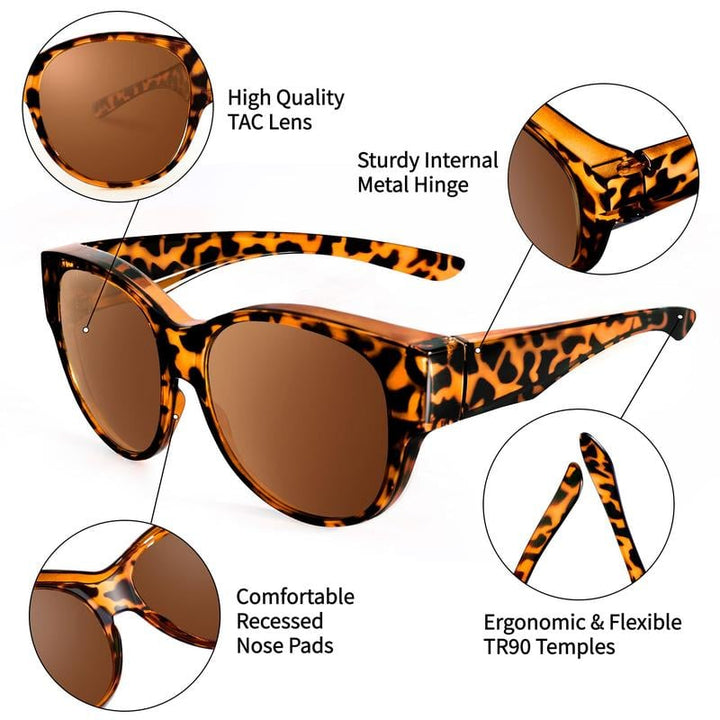 Brillenträger trägt OptiShade polarisierte Überbrille. Entspannte, blendfreie Sicht mit vollem UV-Schutz.