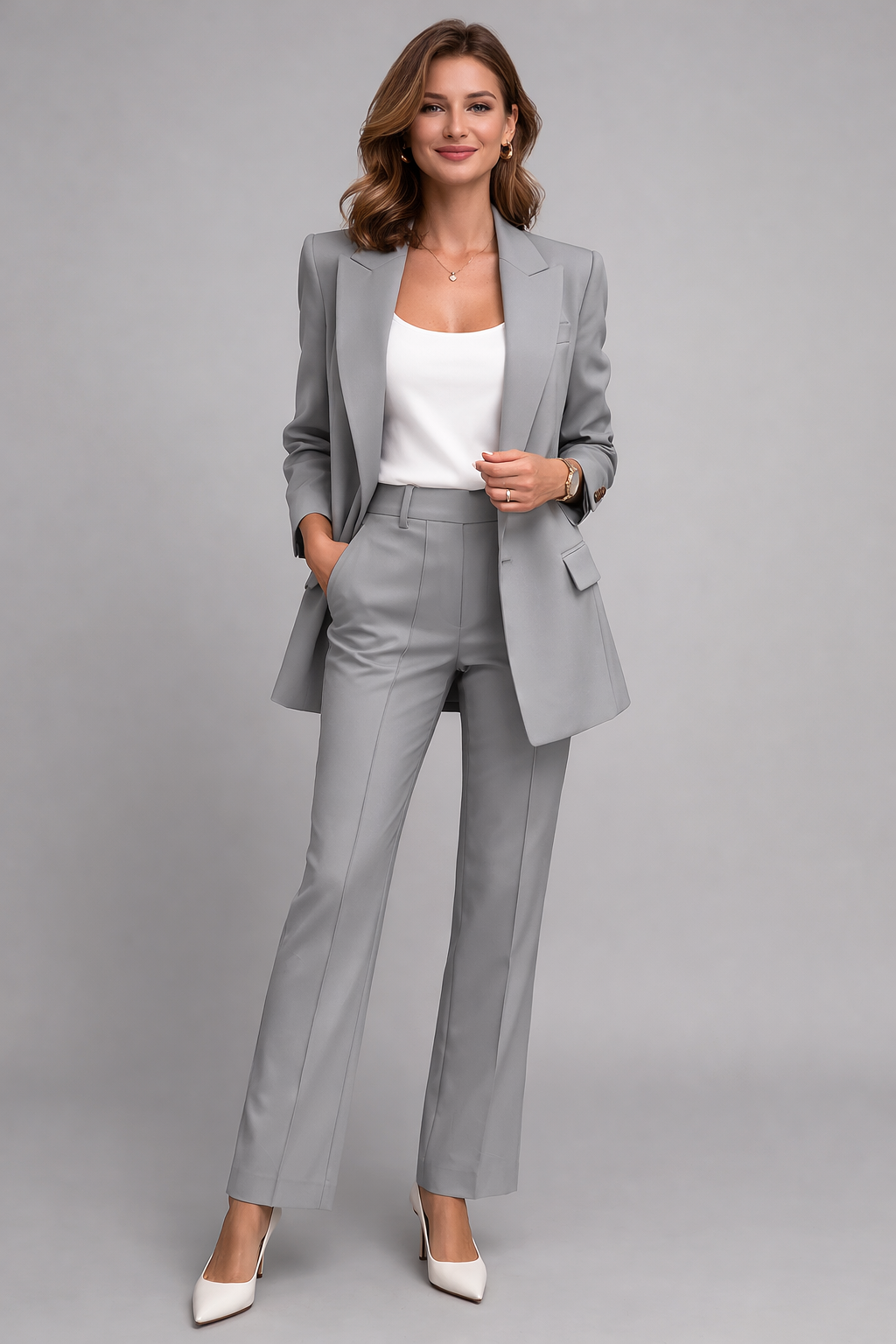 Moderner Damen Business Anzug mit klassischem Blazer & schmaler Hose für einen professionellen Büro-Look.
