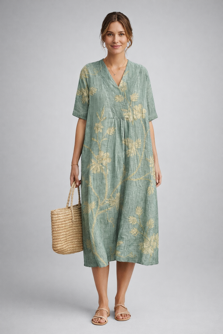 Florales Boho-Sommerkleid für Damen. Grünes Midikleid mit lockerer Passform, ideal für Strand & Freizeit.