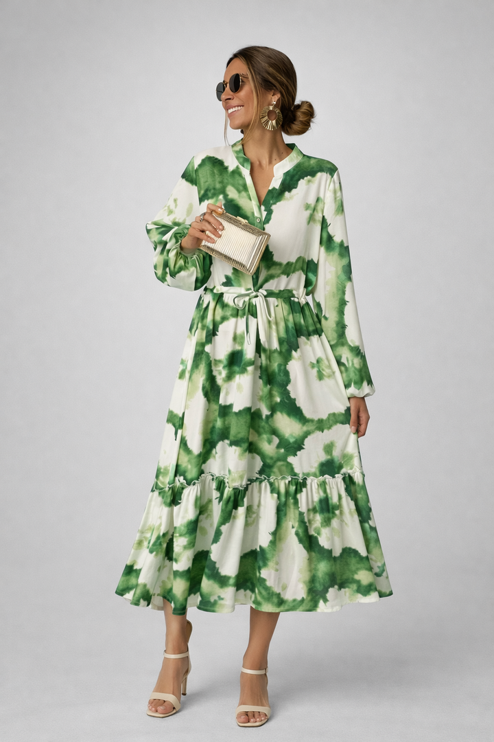 Fließendes Damen Maxikleid im Boho-Stil mit V-Ausschnitt, Langarm & auffälligem Print für Frühling & Herbst.
