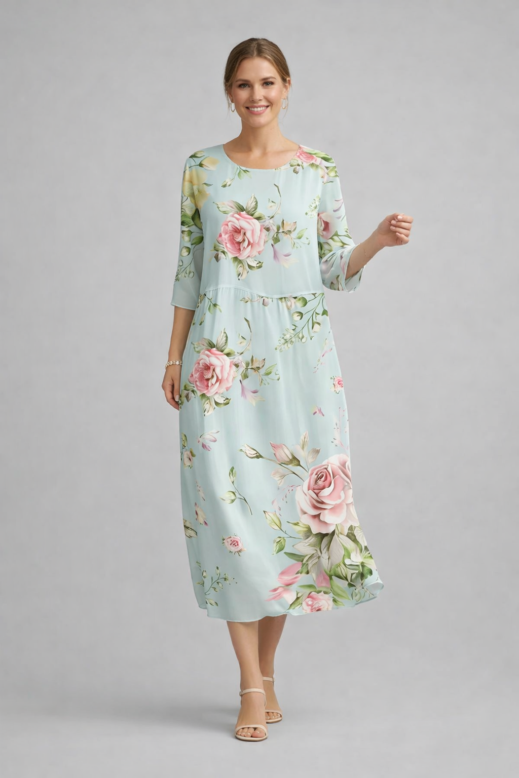 Luftiges, elegantes Damen Midikleid mit Blumenmuster für den Sommer.