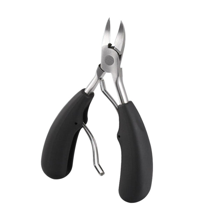 Ergonomische schwarze Fußnagelschere aus Edelstahl für sicheren Halt und komfortable Nagelpflege.