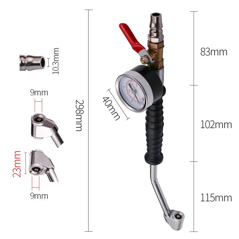 Reifenfüller mit großem Manometer für präzise Reifendruckmessung bei Auto, Motorrad und Fahrrad.