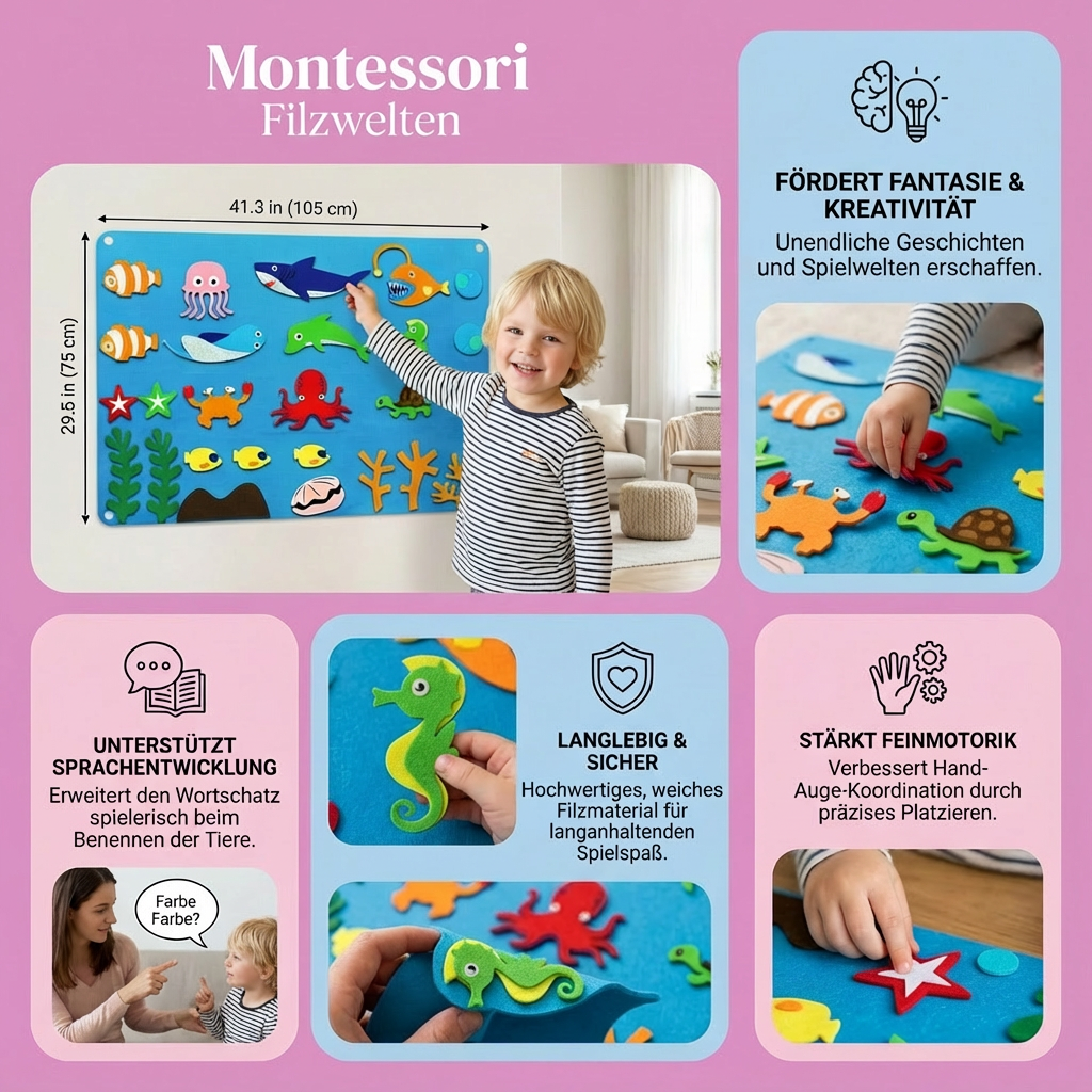 Kind spielt mit Montessori Filzwelten: Fördert Kreativität, Fantasie & Feinmotorik ab 3 Jahren.