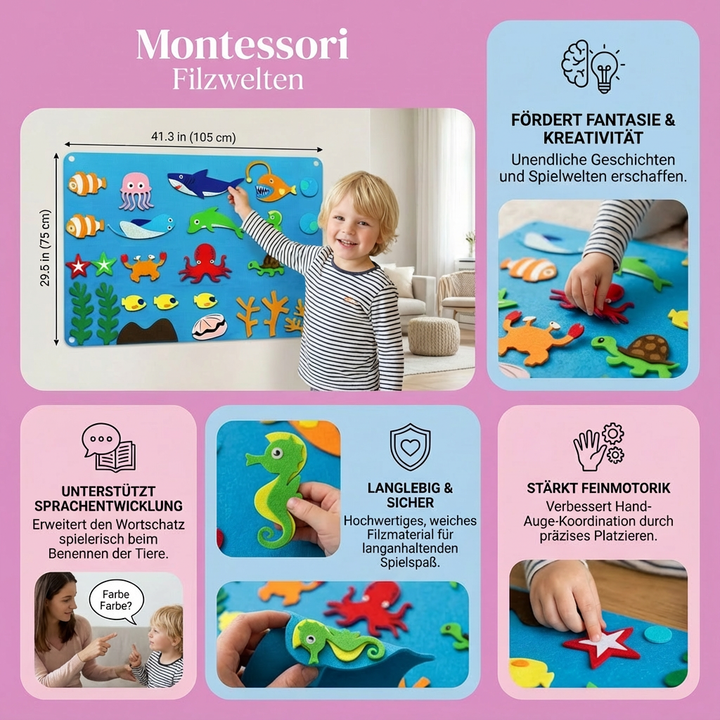 Kind spielt mit Montessori Filzwelten: Fördert Kreativität, Fantasie & Feinmotorik ab 3 Jahren.