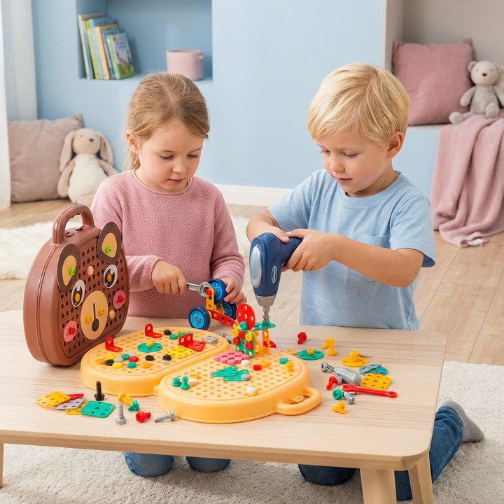 Gesamtansicht des Bärenkiste Bau-Sets für Kinder: Kreatives Schraub- & Konstruktionsspielzeug zur Förderung der Feinmotorik.