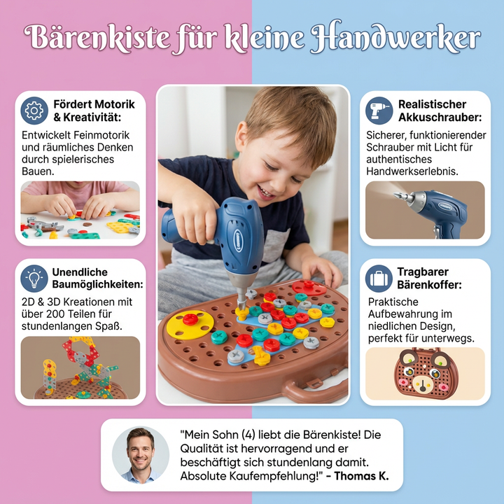Nahaufnahme der Holzschrauben & Werkzeuge des Bärenkiste Konstruktionsspielzeugs für kleine Handwerker.
