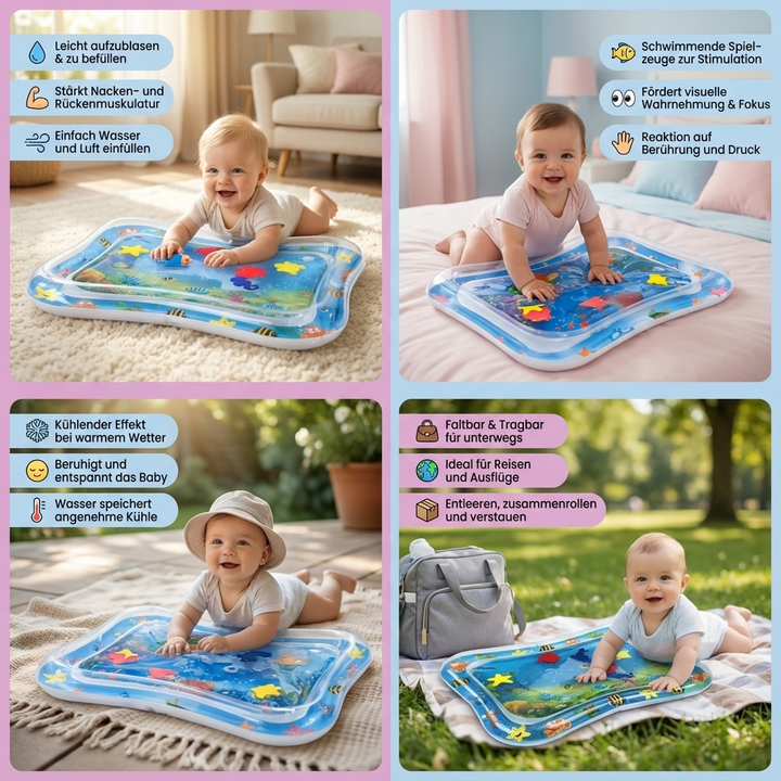 Sichere Baby Wassermatte für Bauchlage-Zeit. Trainiert Nackenmuskulatur & Kopfkontrolle. Wichtig für die Babys Entwicklung.