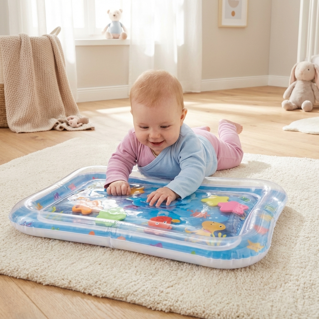 Baby Wassermatte fördert spielerische Bauchlage-Zeit & Motorik. Bunte schwimmende Tiere stimulieren Babys Sinne beim Spielen.