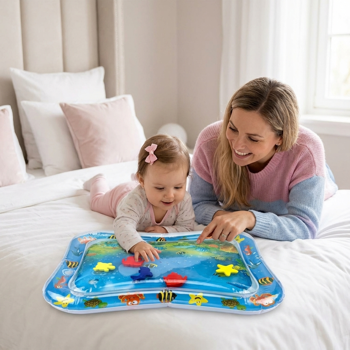 Farbenfrohe Baby Bauchlage-Wassermatte mit lustigen schwimmenden Elementen. Fördert Motorik & Sinnesentwicklung von Babys.