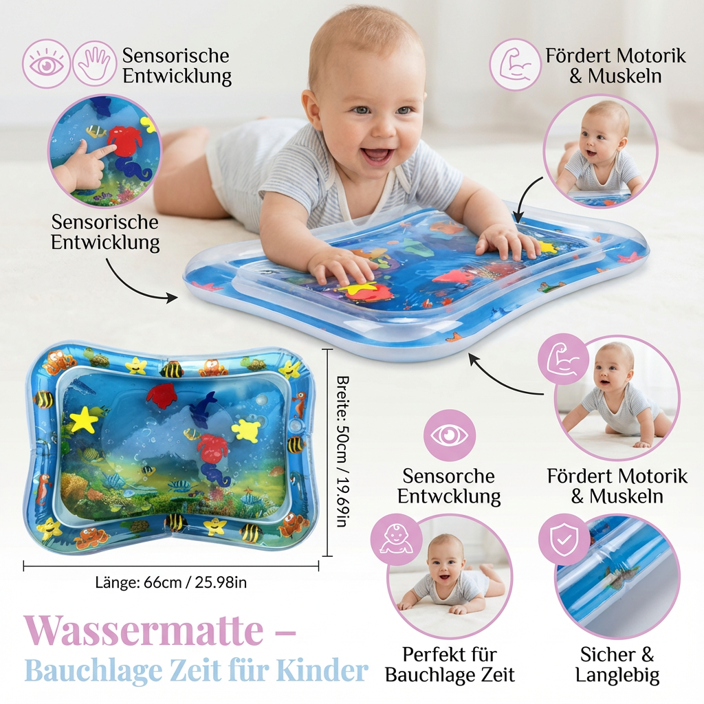 Baby entdeckt bunte Meerestiere auf der Wassermatte. Spielerische Bauchlage fördert Motorik, Sinne & Babys Entwicklung.