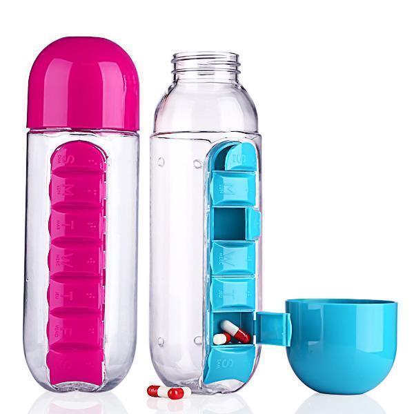 Detailansicht der abnehmbaren Pillenbox einer 2-in-1 Wasserflasche, organisiert & bpa-frei für den Alltag.