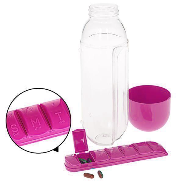 Robuste Sportflasche mit integrierter Medikamentenbox, perfekt für Fitnessstudio & täglichen Vitaminspender.