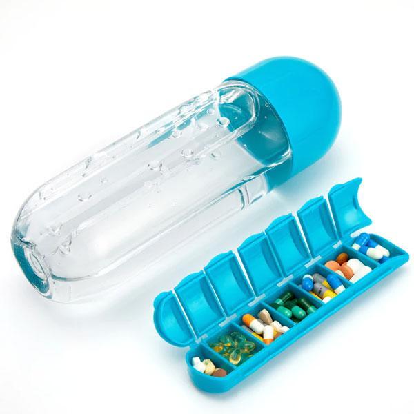 Innovativer Vitaminspender und Trinkflasche in einem: Die praktische Pillenbox Wasserflasche für mehr Organisation.
