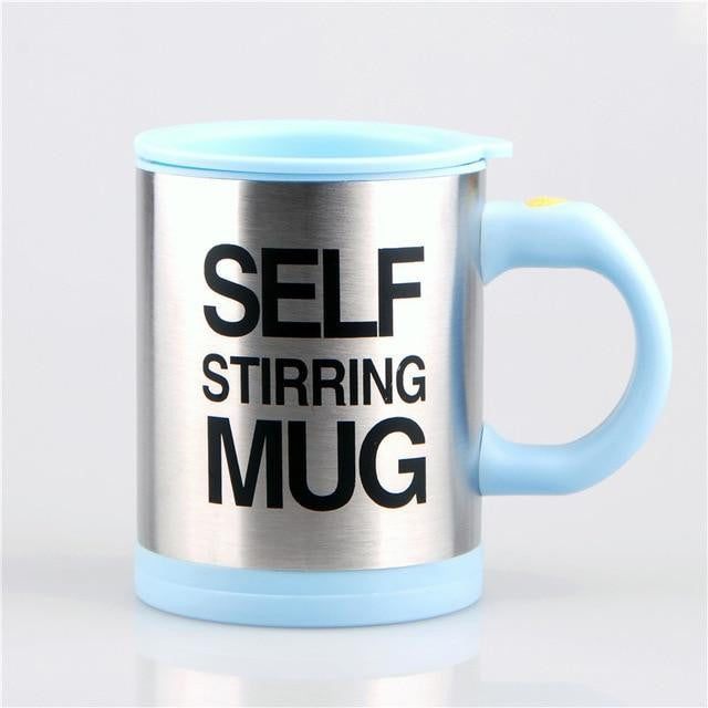 Stylischer Bürobecher, selbstrührend, aus Edelstahl – eine praktische Geschenkidee für Kaffeeliebhaber.