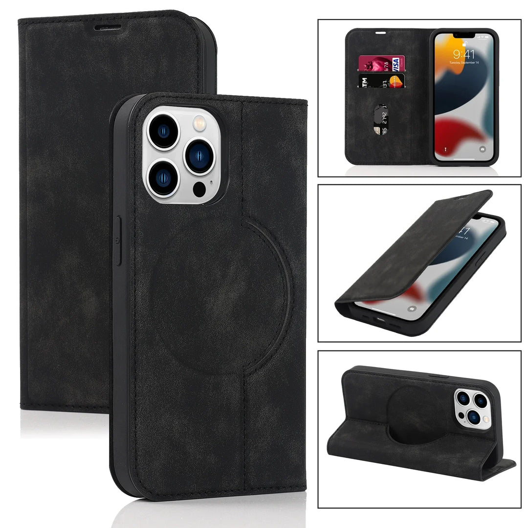 Premium iPhone Wallet Hülle aus PU-Leder mit MagSafe. Perfekt für Karten & kabelloses Laden.