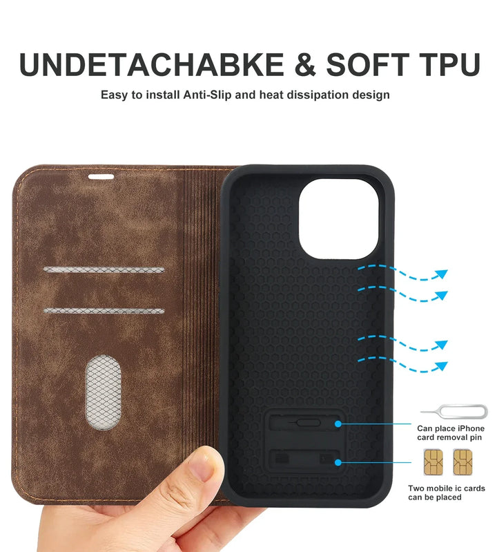 Vielseitige iPhone Hülle: Wallet Case mit MagSafe, Kartenfächern & kabellosem Laden, PU-Leder.
