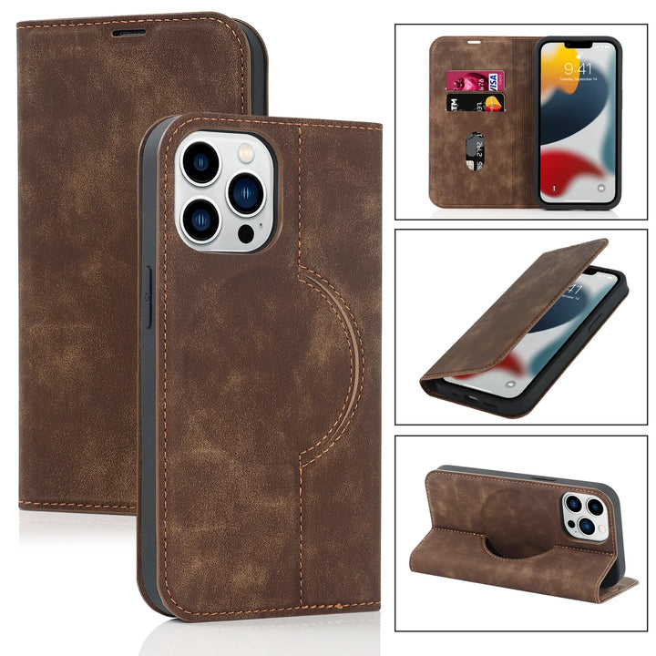 Stilvolle iPhone Wallet Hülle aus hochwertigem PU-Leder. MagSafe kompatibel & mit Kartenfächern.