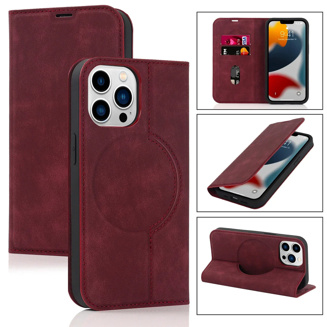 Moderne iPhone Schutzhülle mit MagSafe, aus PU-Leder. Wallet Funktion & kabelloses Laden.