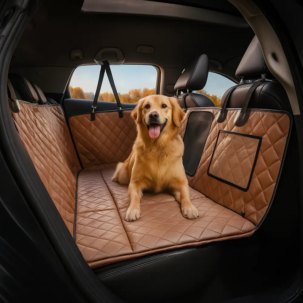 Premium Kunstleder Autohängematte für Hunde, wasserdichter Schutz der Rückbank vor Kratzern & Schmutz.