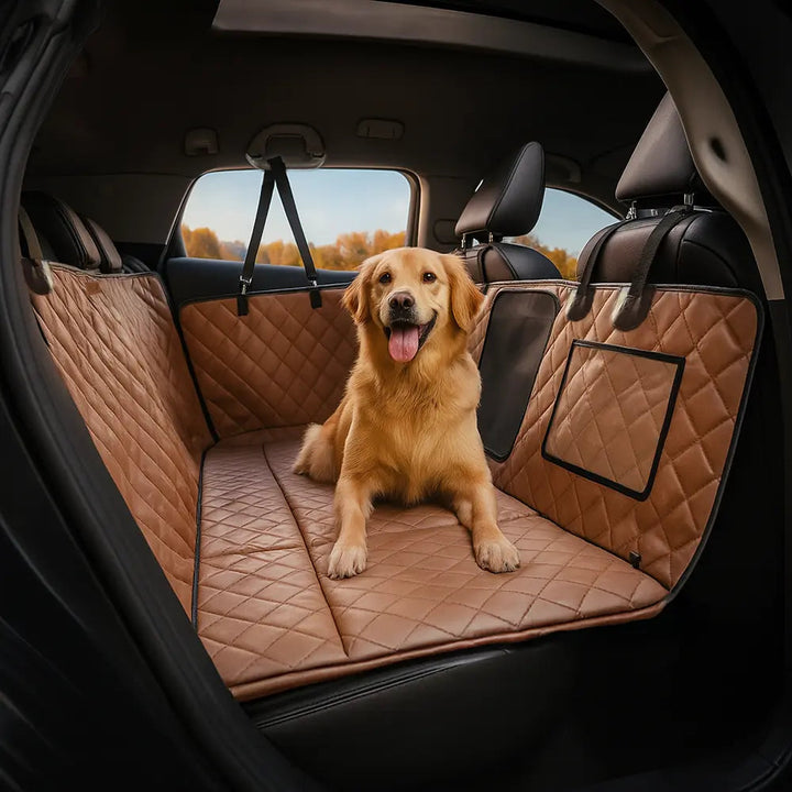 Premium Kunstleder Autohängematte für Hunde, wasserdichter Schutz der Rückbank vor Kratzern & Schmutz.