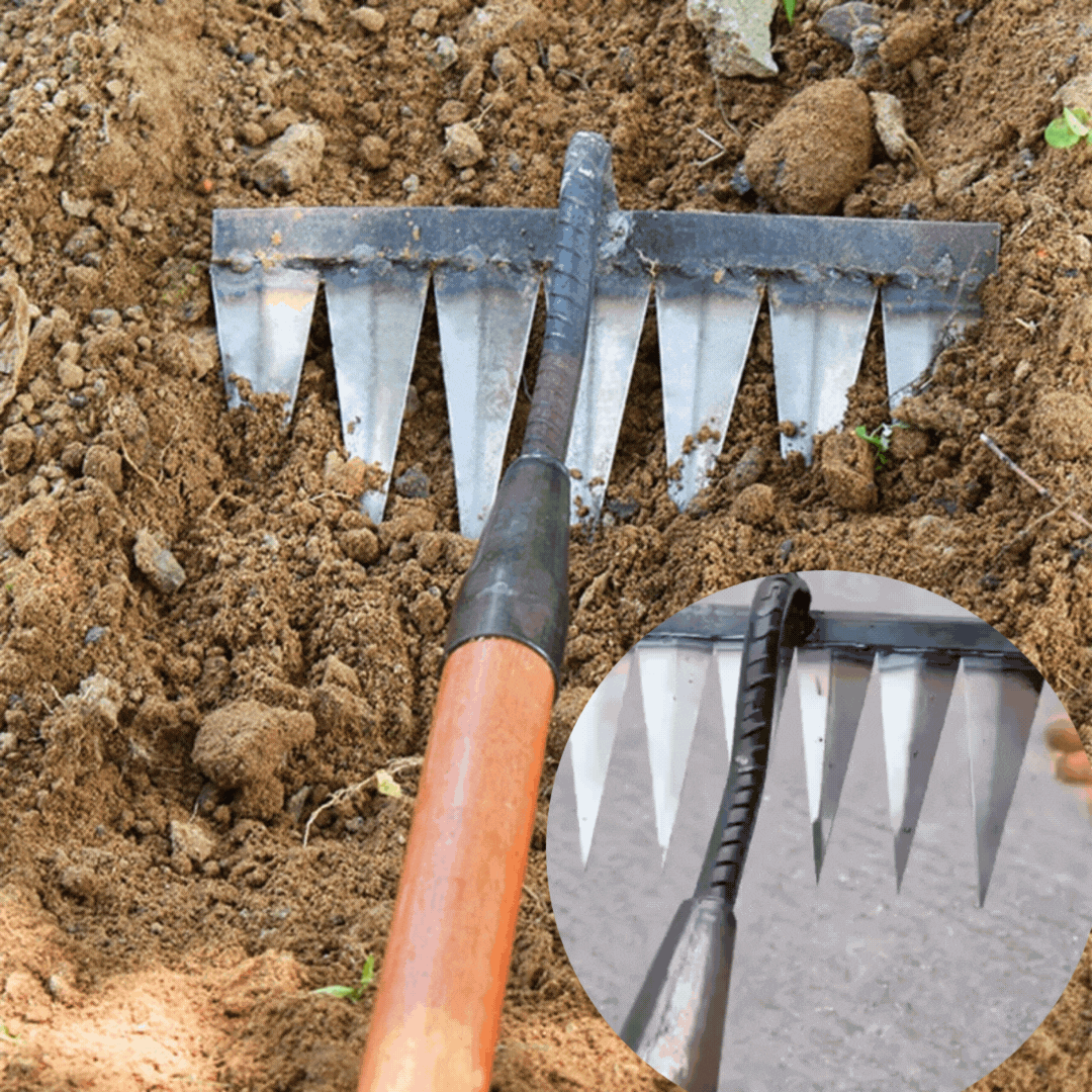Professioneller Unkrautschneider mit Stahlharke für müheloses Jäten und effiziente Bodenbearbeitung im Garten.