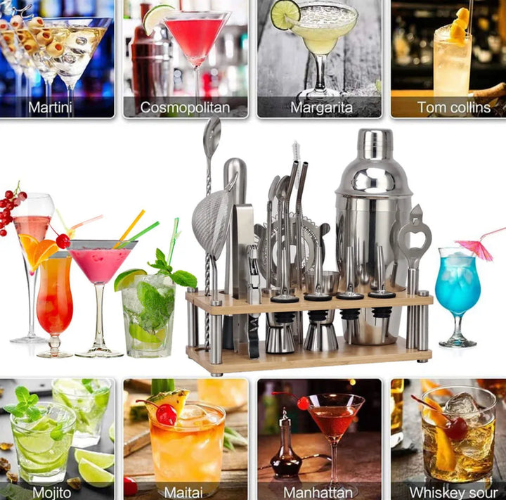 Umfassendes 23-teiliges Bartender-Set. Hochwertiges Edelstahl Barzubehör für Cocktails, Mixologie & Barkeeper.