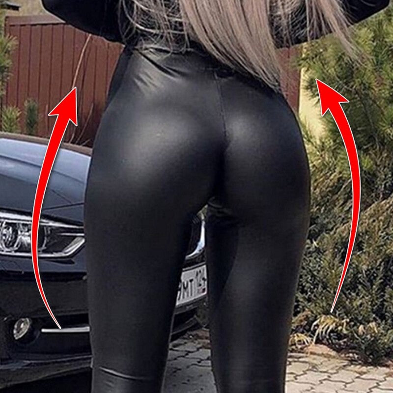Rückansicht der schwarzen Damen Leder-Leggings, hoher Bund, gefüttert & formgebend für schlanke Silhouette.