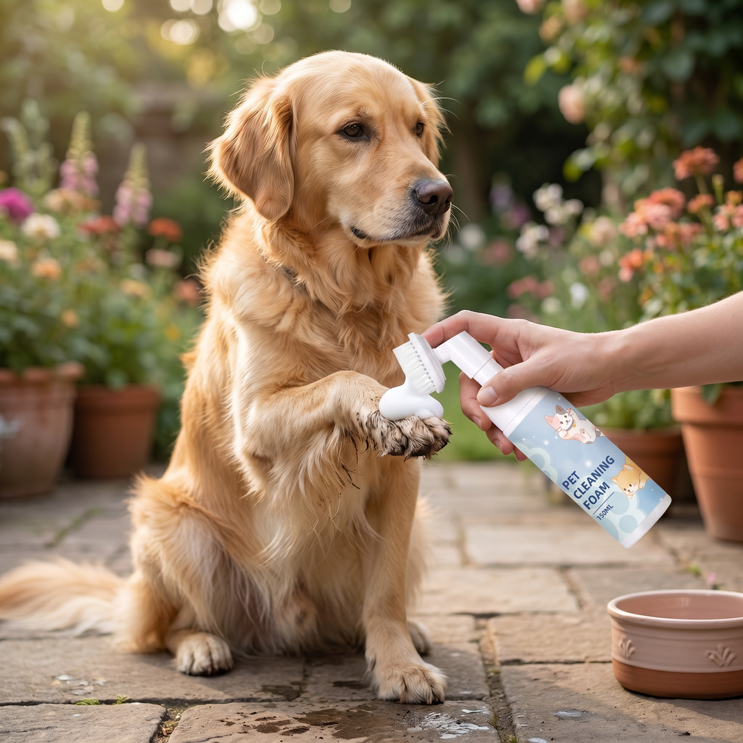 Wasserloser Pfotenreiniger für Hunde. Sanfter Reinigungsschaum mit Bürste für effektive & schnelle Hundepflege.