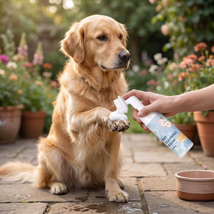 Wasserloser Pfotenreiniger für Hunde. Sanfter Reinigungsschaum mit Bürste für effektive & schnelle Hundepflege.