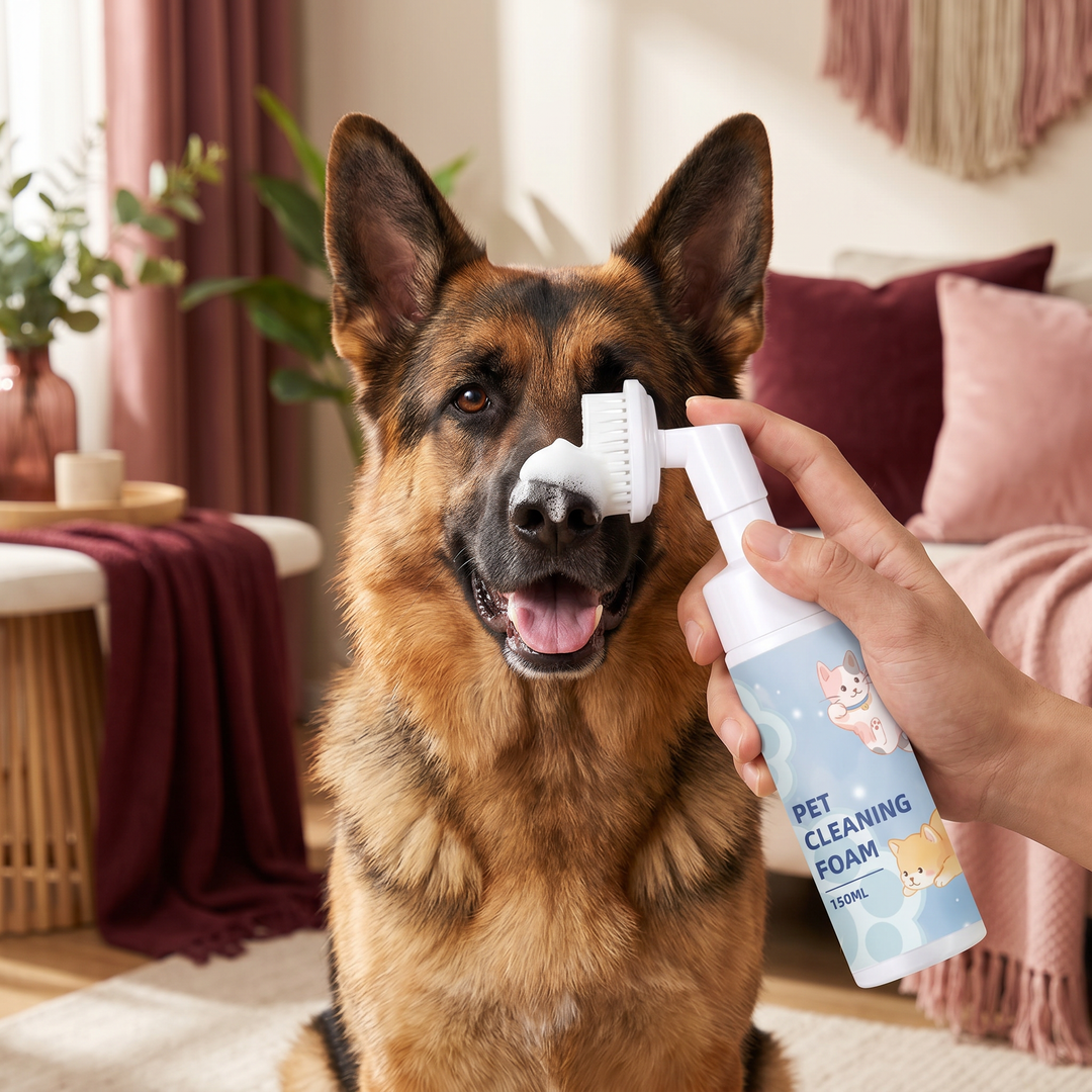 Hunde Pfoten Reinigungsschaum mit integrierter Bürste für sanfte, wasserlose Pfotenreinigung nach dem Spaziergang.