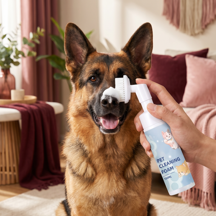 Hunde Pfoten Reinigungsschaum mit integrierter Bürste für sanfte, wasserlose Pfotenreinigung nach dem Spaziergang.