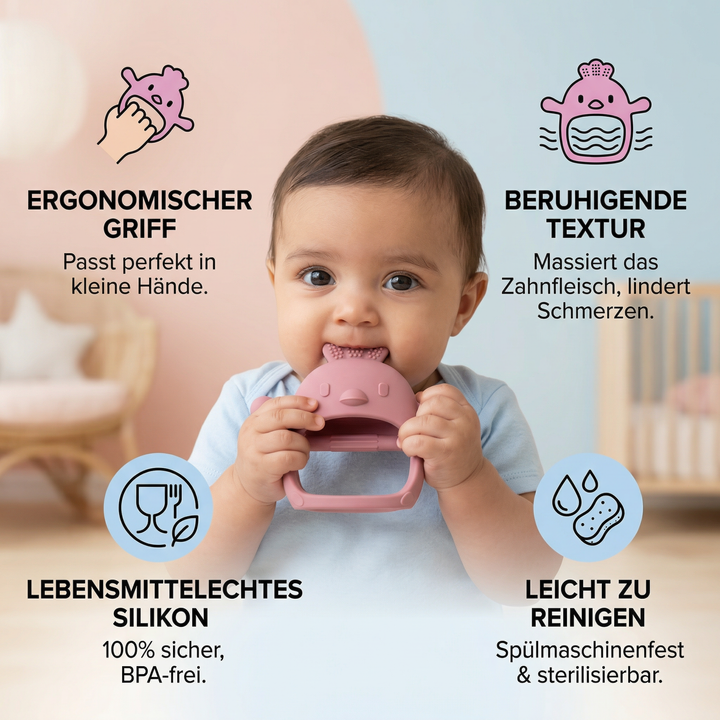 Niedlicher Küken-Beißring aus Silikon, ideal als Zahnungshilfe für Babys. Weiches Babyspielzeug & Babygeschenk.