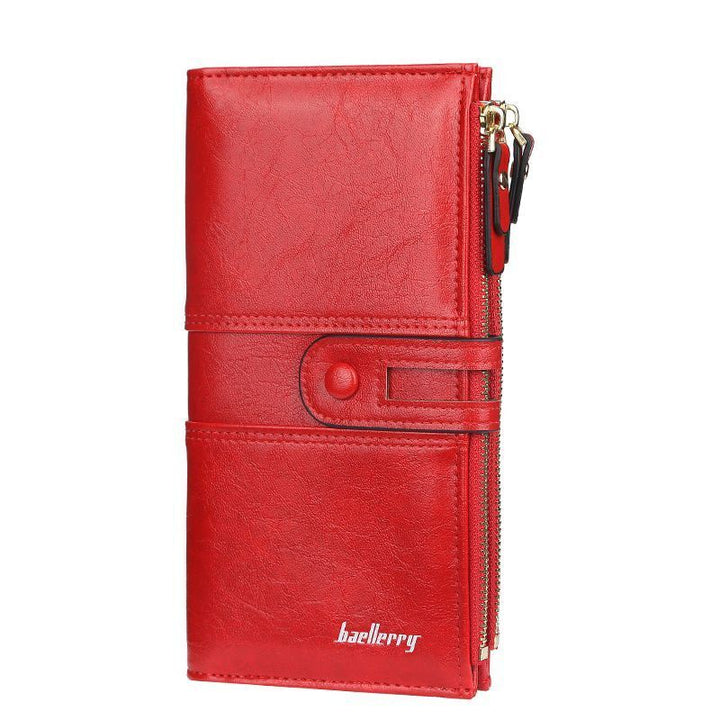 Stilvolle Geldbörse für Damen, elegant & lang, mit zwei Reißverschlussfächern für perfekte Organisation.