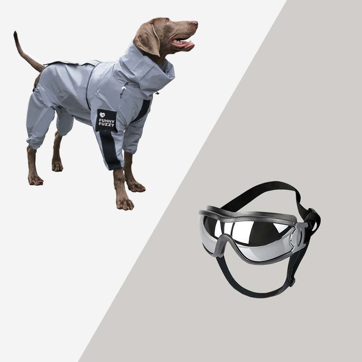 Wetterfester Hundemantel mit hoher Sichtbarkeit durch Reflexstreifen, schützt vor Nässe und Kälte.