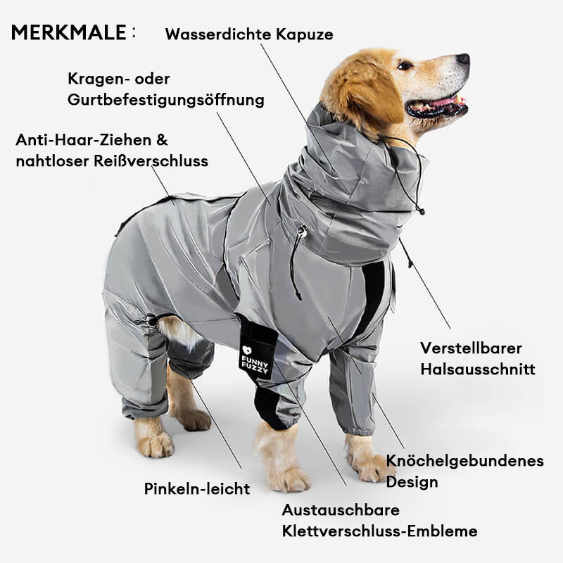 Cooler, wasserdichter Hunderegenmantel in Schwarz, reflektierend für mehr Sicherheit bei Nacht.