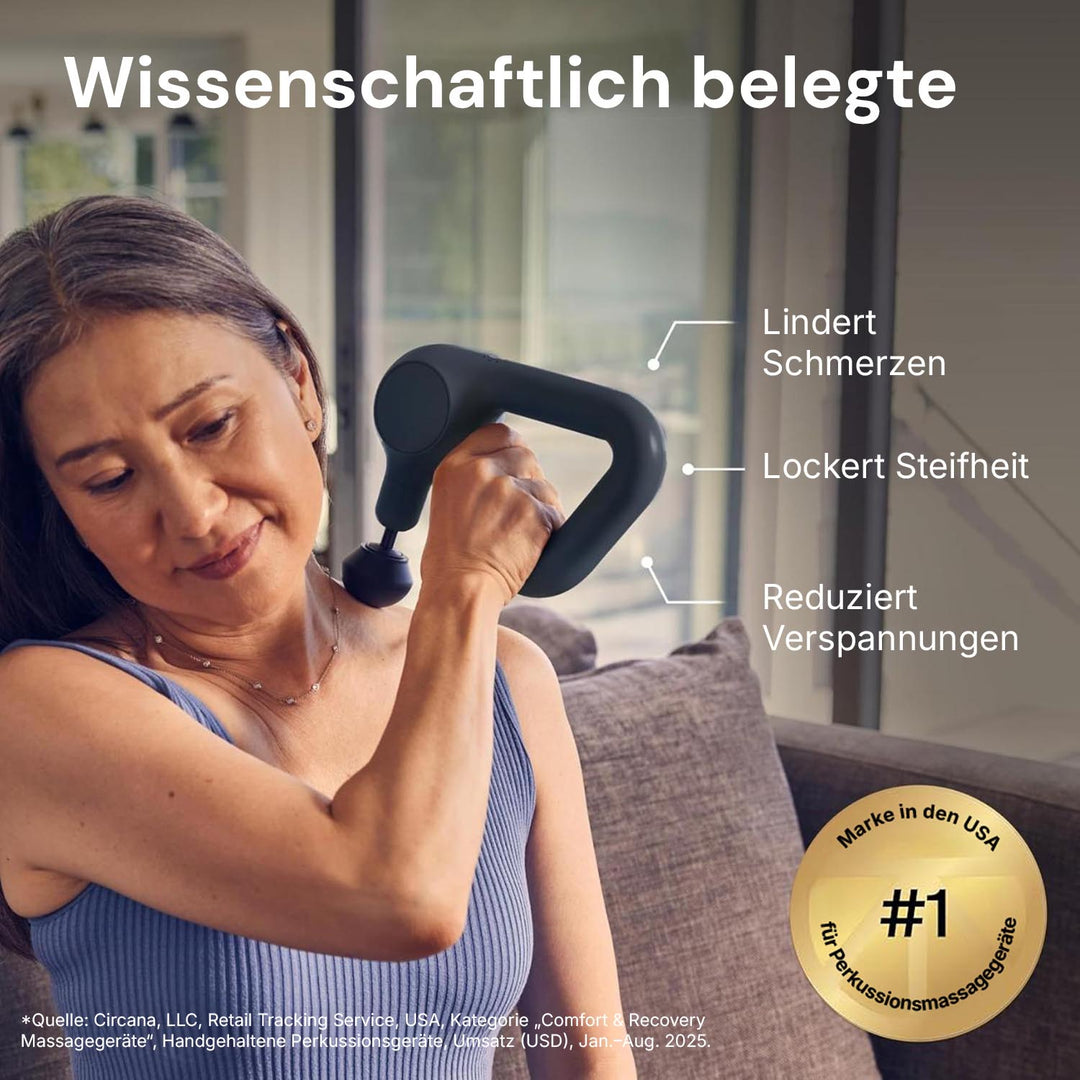 Perkussionsmassagepistole für Sportler, zur schnellen Muskelregeneration nach dem Training.