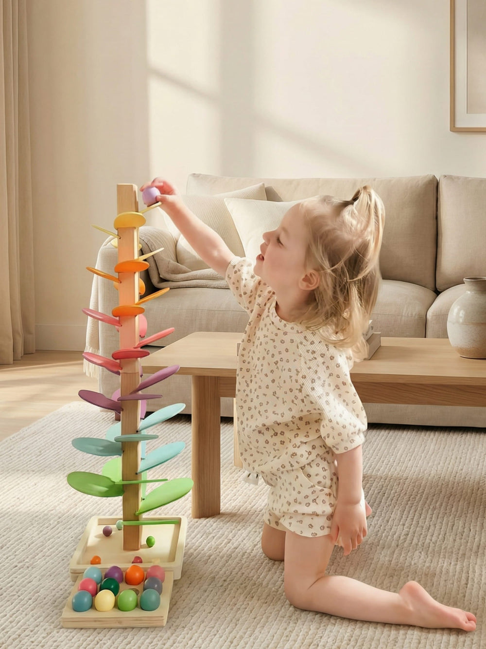 Farbenfroher Regenbogen Murmelturm aus Holz. Interaktives Motorikspielzeug für Kleinkinder.