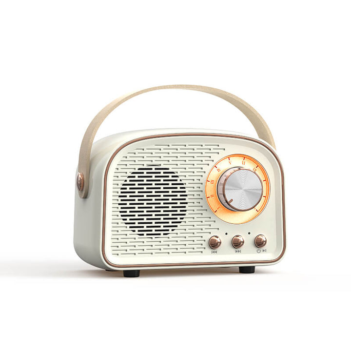 Retro Bluetooth Lautsprecher, tragbar und kabellos, für zeitlosen Musikgenuss unterwegs.