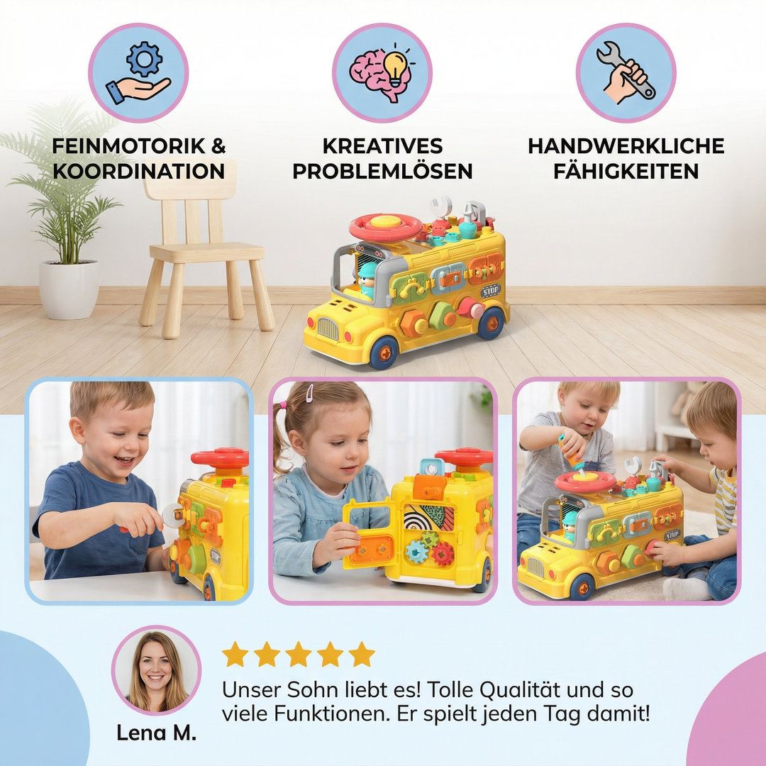 Kinder spielen mit dem pädagogischen Montessori Schraubbus, verbessern Motorik & Kreativität.