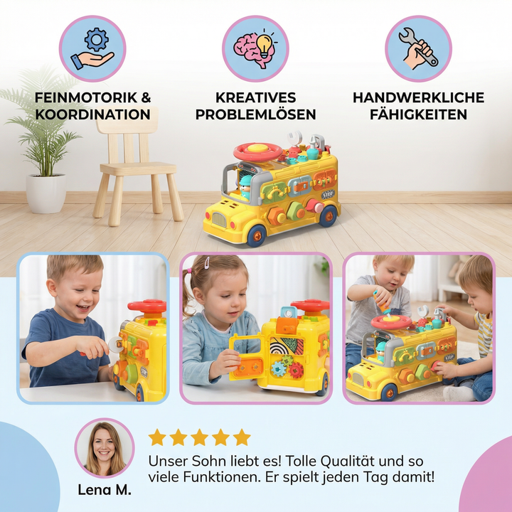 Kinder spielen mit dem pädagogischen Montessori Schraubbus, verbessern Motorik & Kreativität.